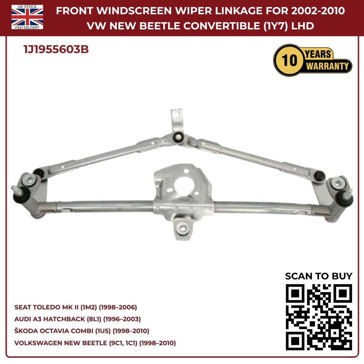 Front Windscreen Wiper Linkage – Fits 2002‑2010 VW New Beetle Convertible (1Y7) LHD | OEM 1J1955603B