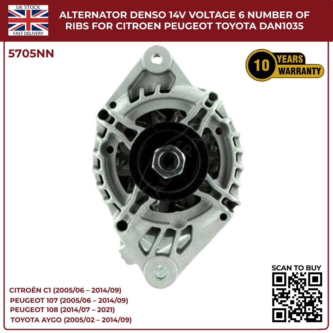 Alternator 14V 70A – 6 Rib Pulley – Citroën C1, Peugeot 107/108, Toyota Aygo – DAN1035