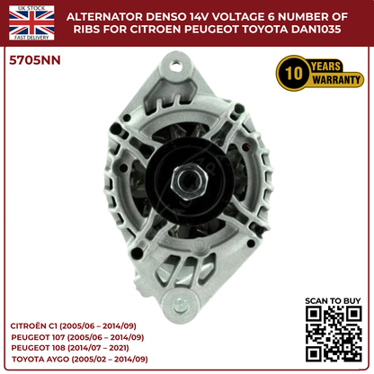 Alternator 14V 70A – 6 Rib Pulley – Citroën C1, Peugeot 107/108, Toyota Aygo – DAN1035
