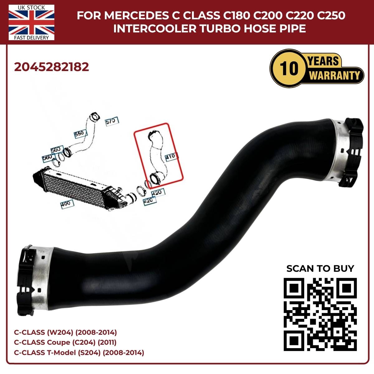 Mercedes C‑Class Intercooler Turbo Hose Pipe – C180 C200 C220 C250 | OE 2045282182 – Black Grille