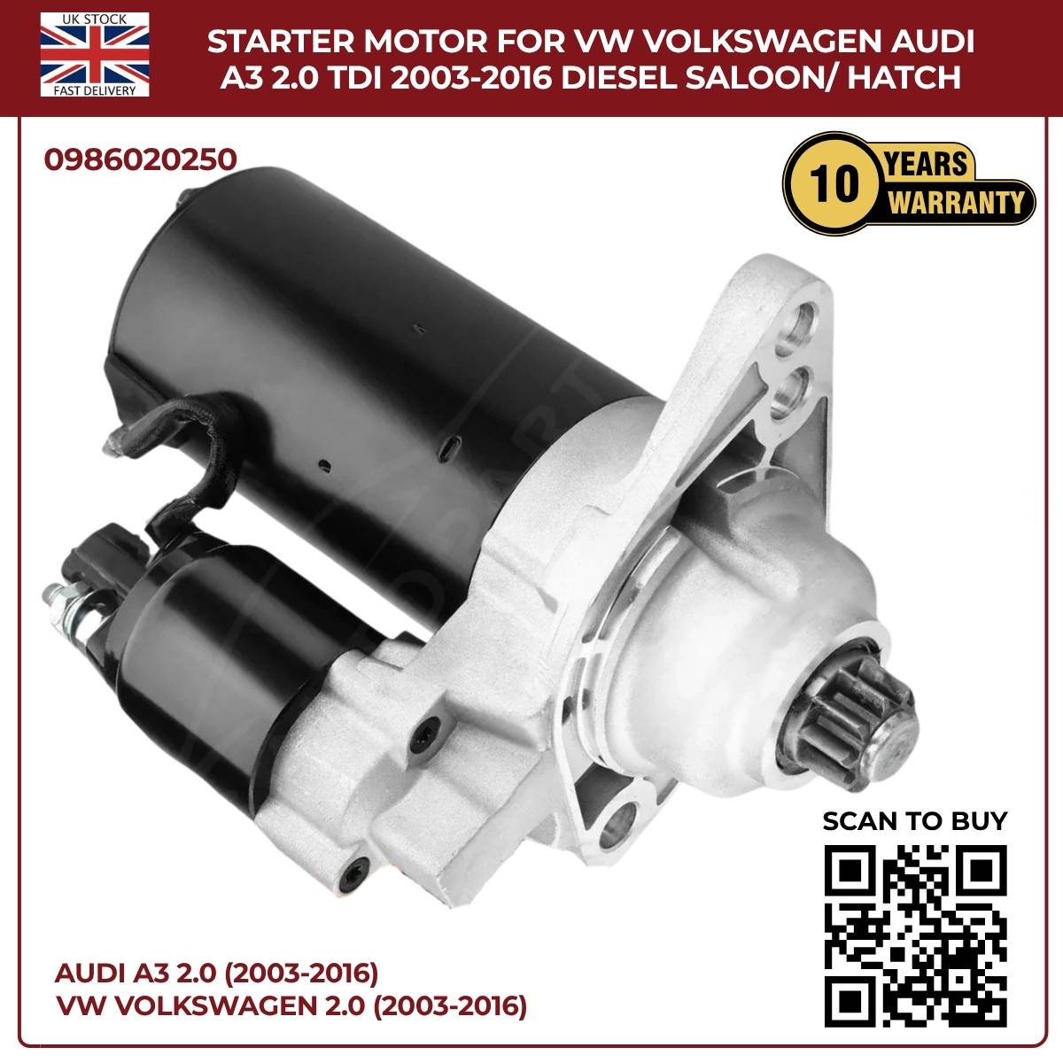 Starter Motor for VW & Audi A3 2.0 TDI (2003–2016) Diesel Saloon/Hatchback