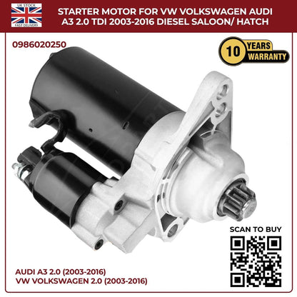 Starter Motor for VW & Audi A3 2.0 TDI (2003–2016) Diesel Saloon/Hatchback
