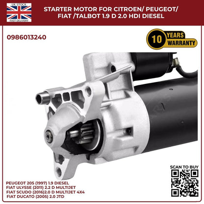 Starter Motor for Citroen / Peugeot / Fiat / Talbot – 1.9D & 2.0 HDI Diesel | Ref 0986013240