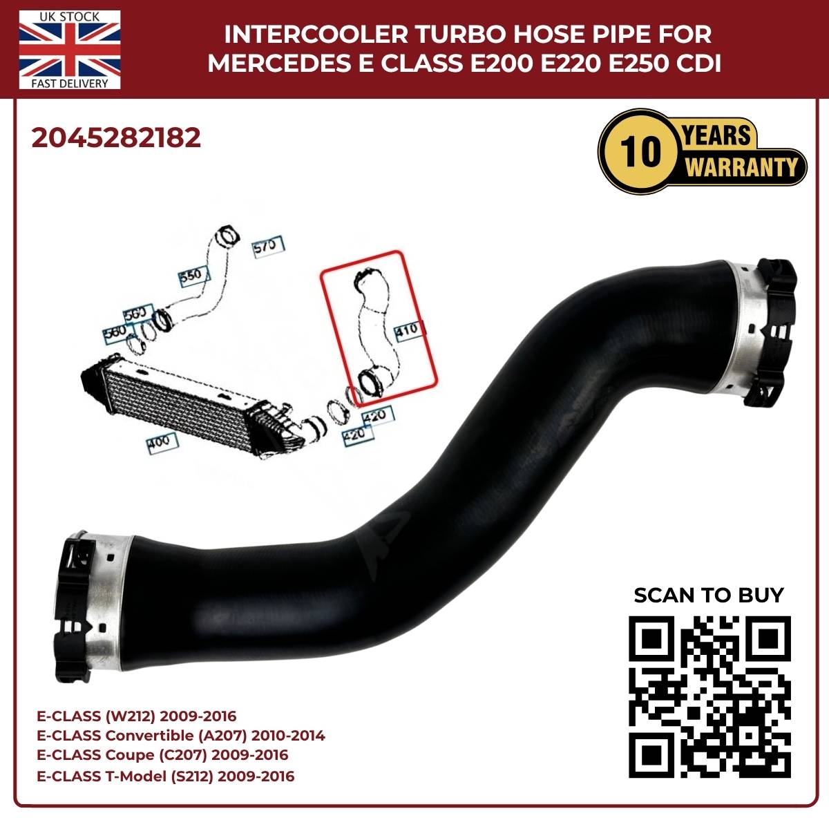 Mercedes-Benz Intercooler Turbo Hose Pipe – Fits E-Class E200, E220, E250 CDI (OE 2045282182)