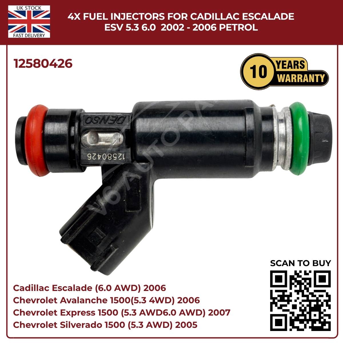 4× Fuel Injectors 12580426 – Fits 2002–2006 Cadillac Escalade ESV 5.3L & 6.0L Petrol Flex Fuel