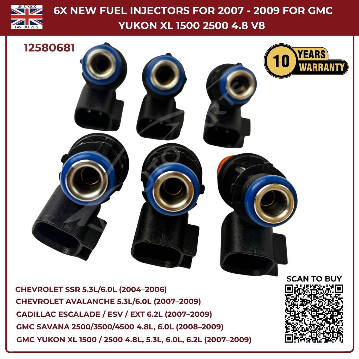 Set of 6 High-Flow Fuel Injectors | Fits 2005–2006 Chevrolet SSR 5.3L & 6.0L V8 Petrol | OEM 12580681 Replacement