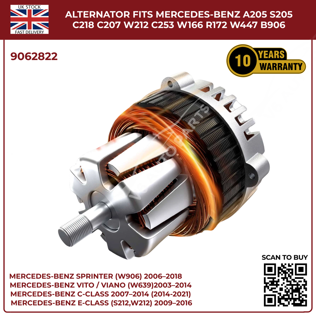 Mercedes-Benz Alternator 14V 200A – Fits A205 S205 C218 C207 W212 C253 W166 X204 W447 B906 (OEM 9062822)