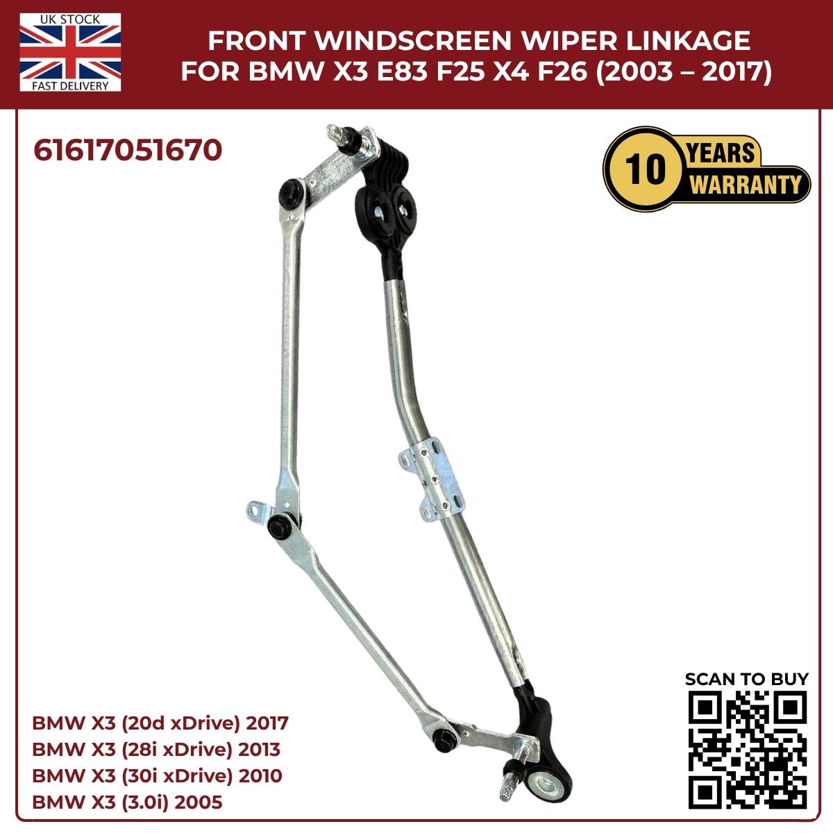 BMW Wiper Linkage Arm Assembly – Fits X3 F25 E83 & X4 F26 | OEM 61617051670 | Fast UK Dispatch