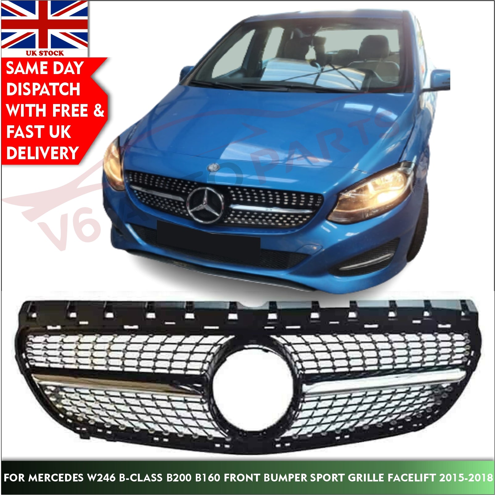 For Mercedes B-Class A246 B200 AMG Front Radiator Diamond Sports Grille 2015-18