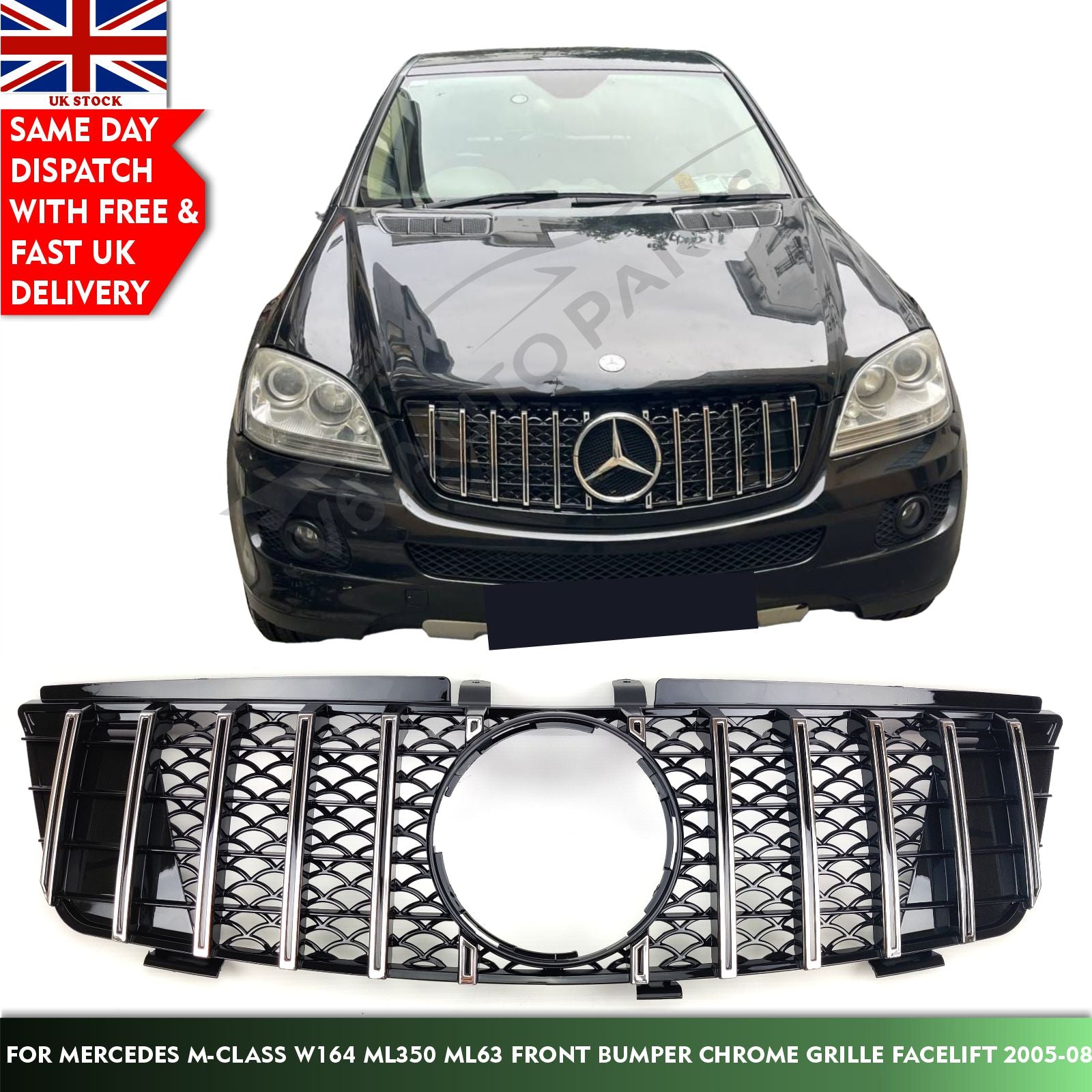 For Mercedes W164 M-Class ML550 Grill Front Bumper Chrome Sport Grille 2005-2008 june