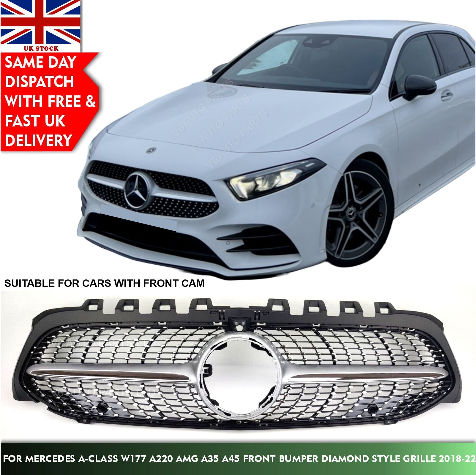 For Mercedes A-Class W177 A220 AMG A35 A45 Front Bumper Diamond Style Grille 2018-22