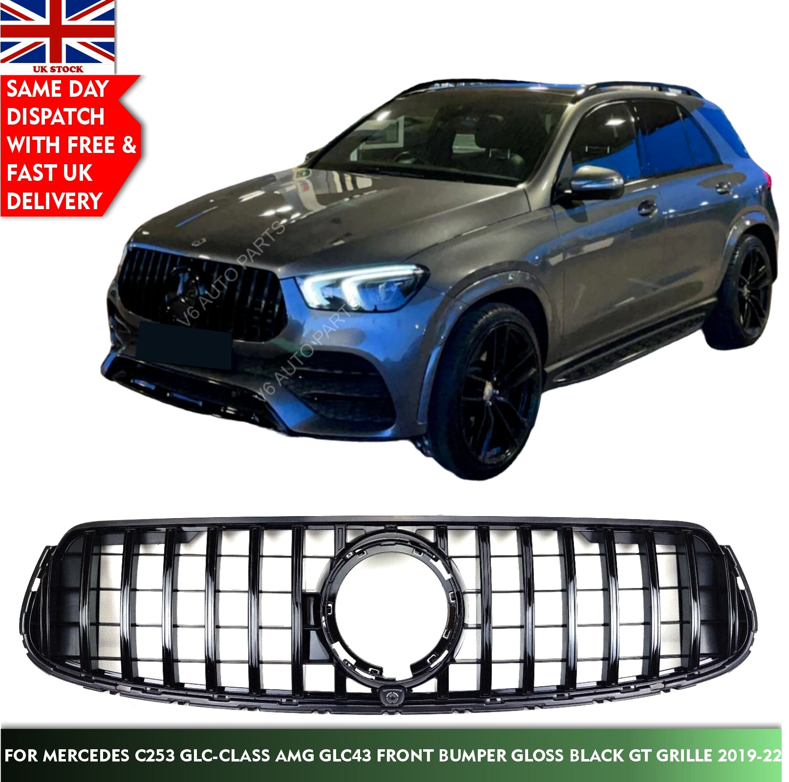 For Mercedes C253 GLC-Class AMG GLC43 Front Bumper Gloss Black GT Grille 2019-22