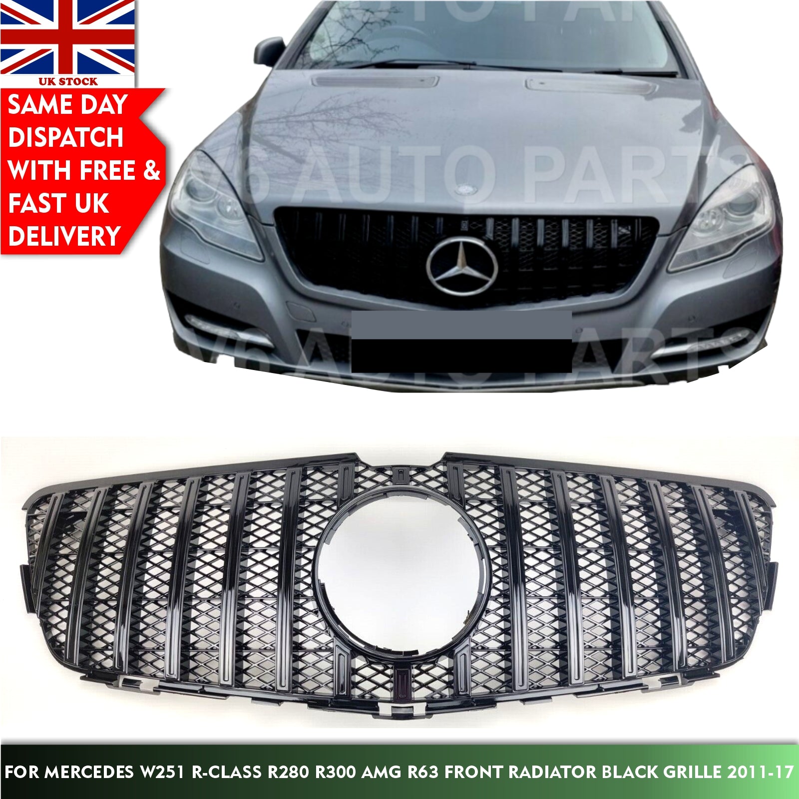 For Mercedes W251 R-Class AMG R63 R280CDI Front Radiator Black GT Grille 2011-17