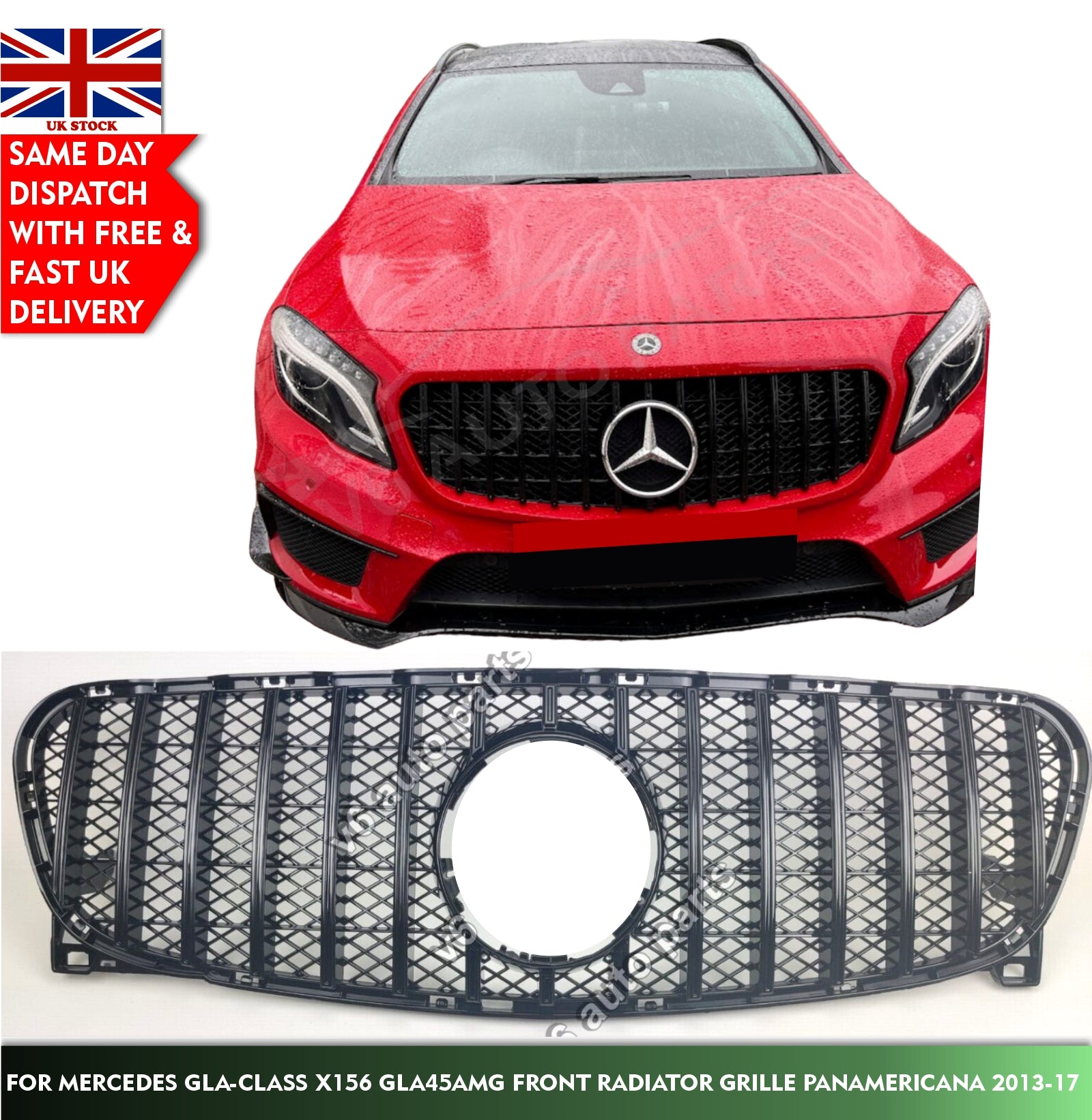 For Mercedes GLA-Class X156 GLA45 AMG Front Radiator GT Glossy Black Grille Honeycomb 2013-17