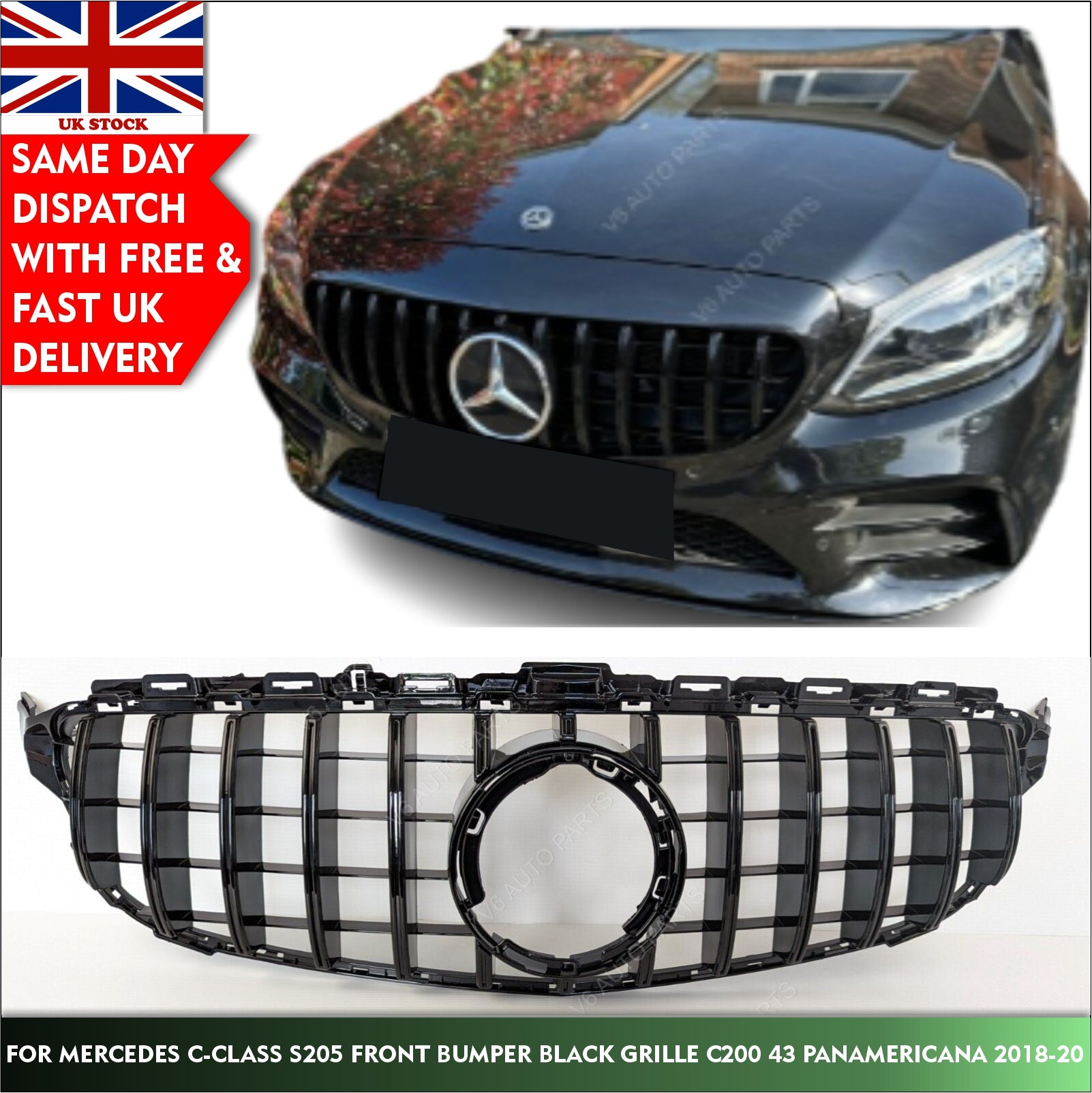 For Mercedes C-Class S205 Front Bumper Black Grille C200 43 2018-20 Panamericana Grill