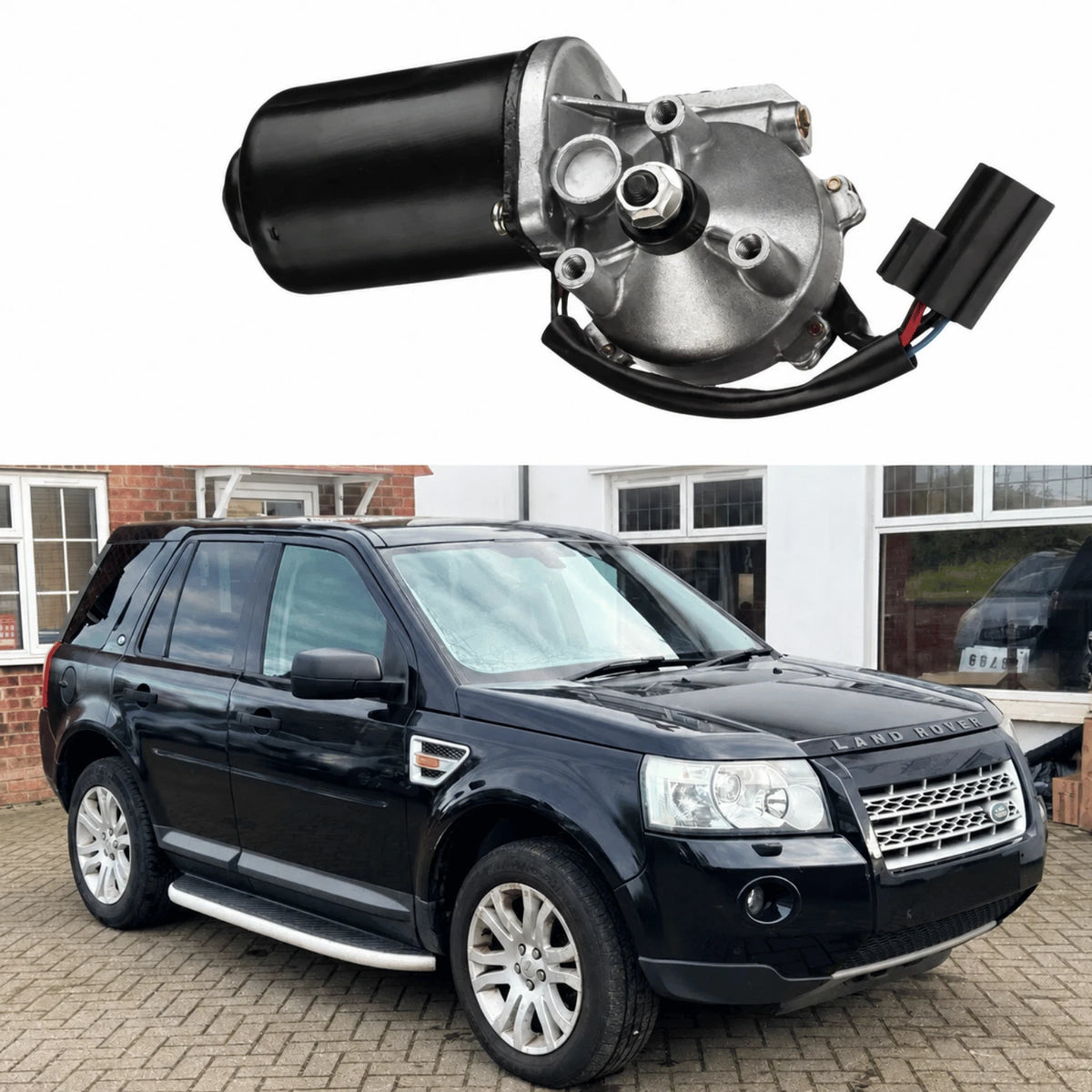 image of Land Rover Freelander 1 front window wiper motor assembly 12V 6-pin connector 1998-2006 OEM DLB101532
