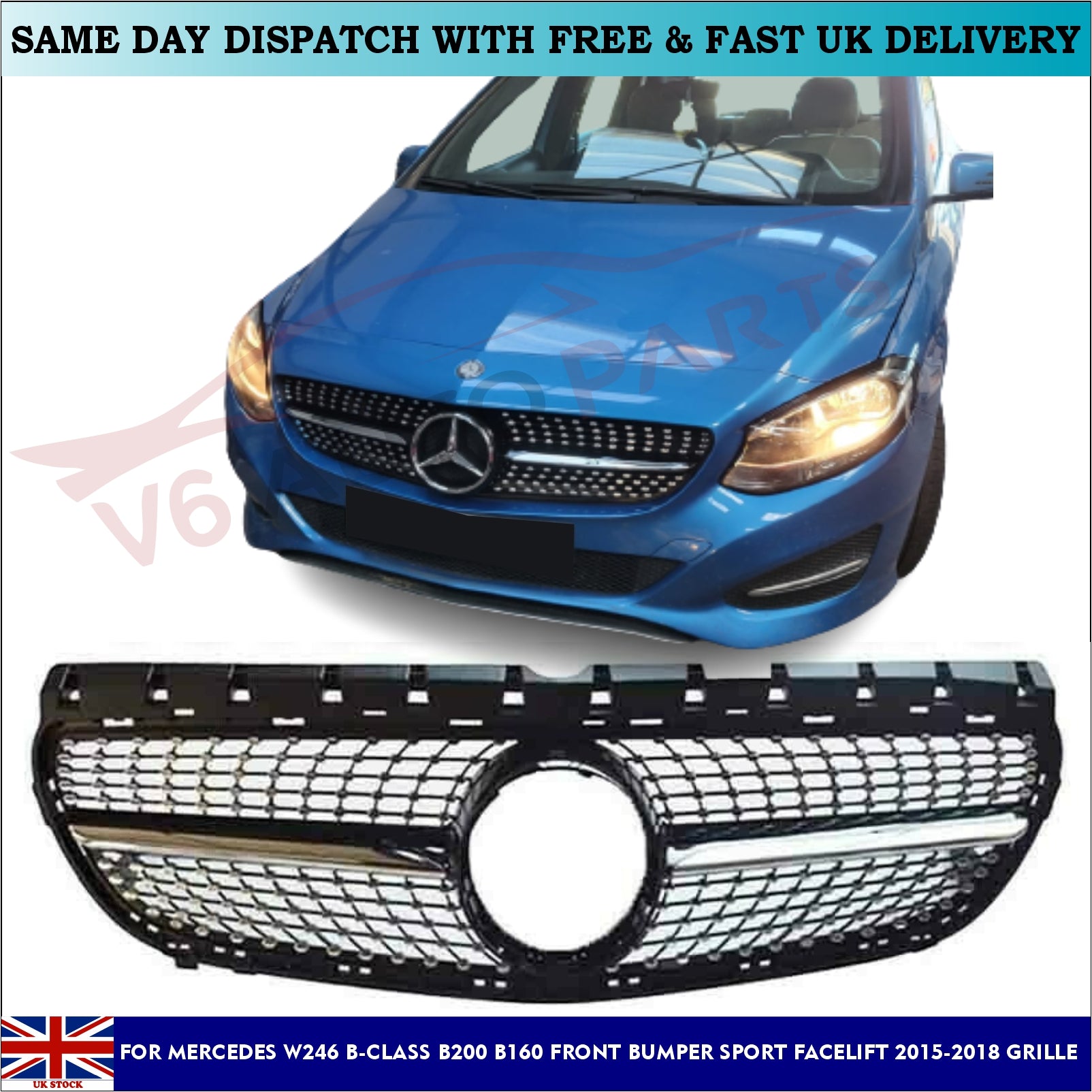 For Mercedes B-Class W246 B200 220d Front Bumper Diamond Grille 2015-18 Facelift