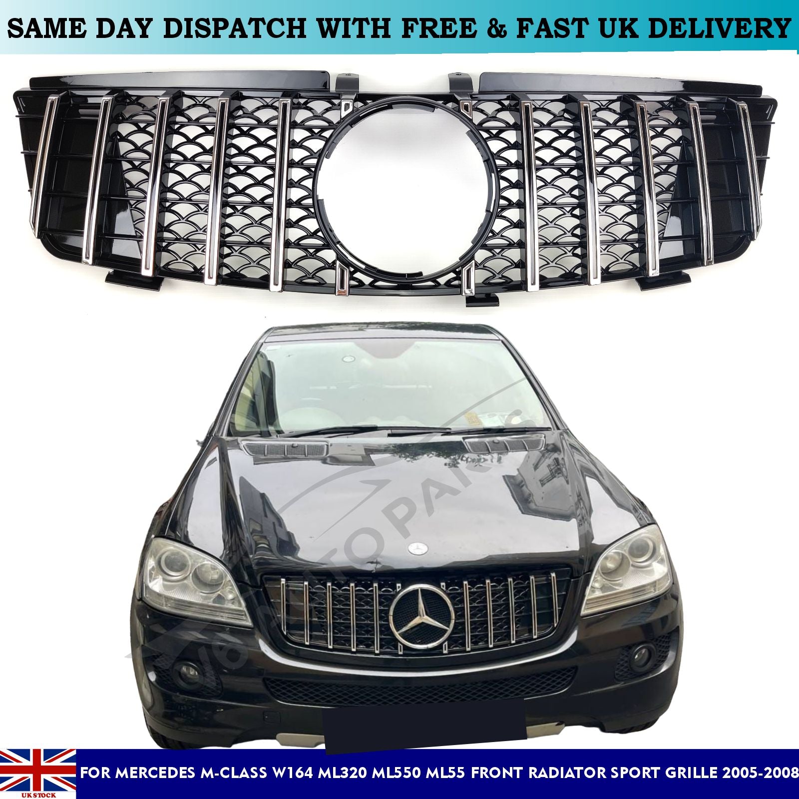 For Mercedes W164 M-Class ML550 Grill Front Bumper Chrome Sport Grille 2005-2008 june