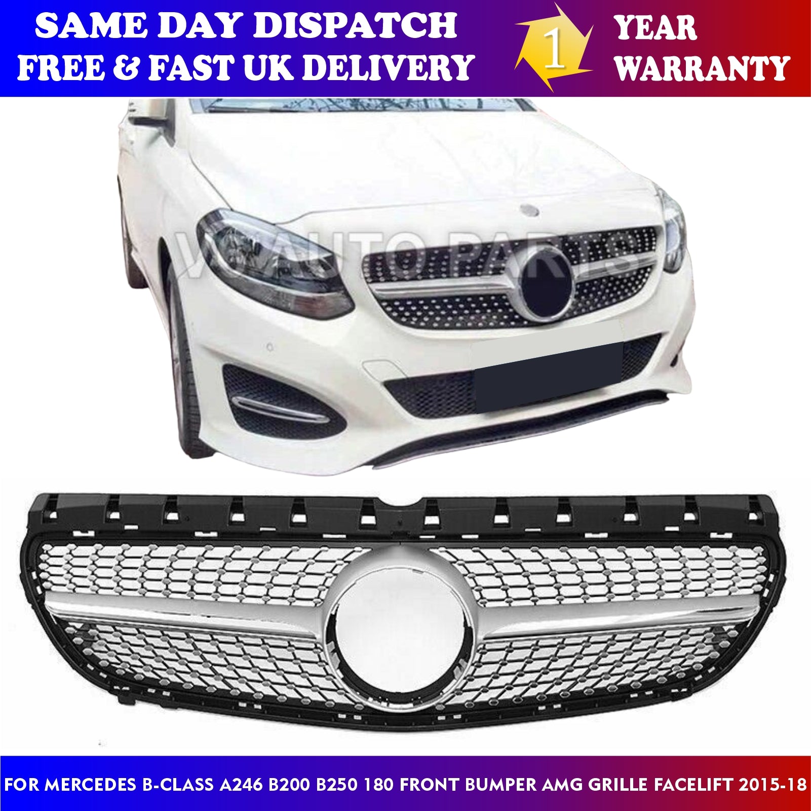 For Mercedes W246 B-Class B220 B200d Front Radiator AMG Diamond Grille 2015-2018