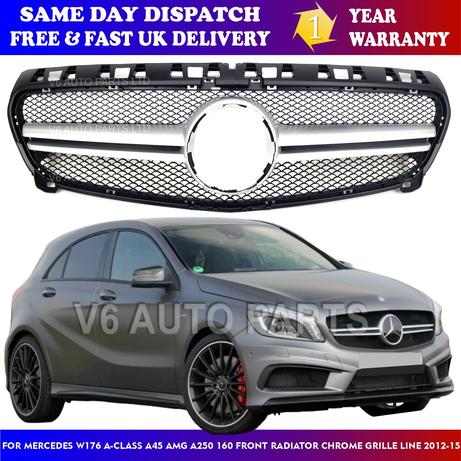 For Mercedes W176 A-Class A45 AMG A250 160 Front Radiator Chrome Grille Line 2012-15