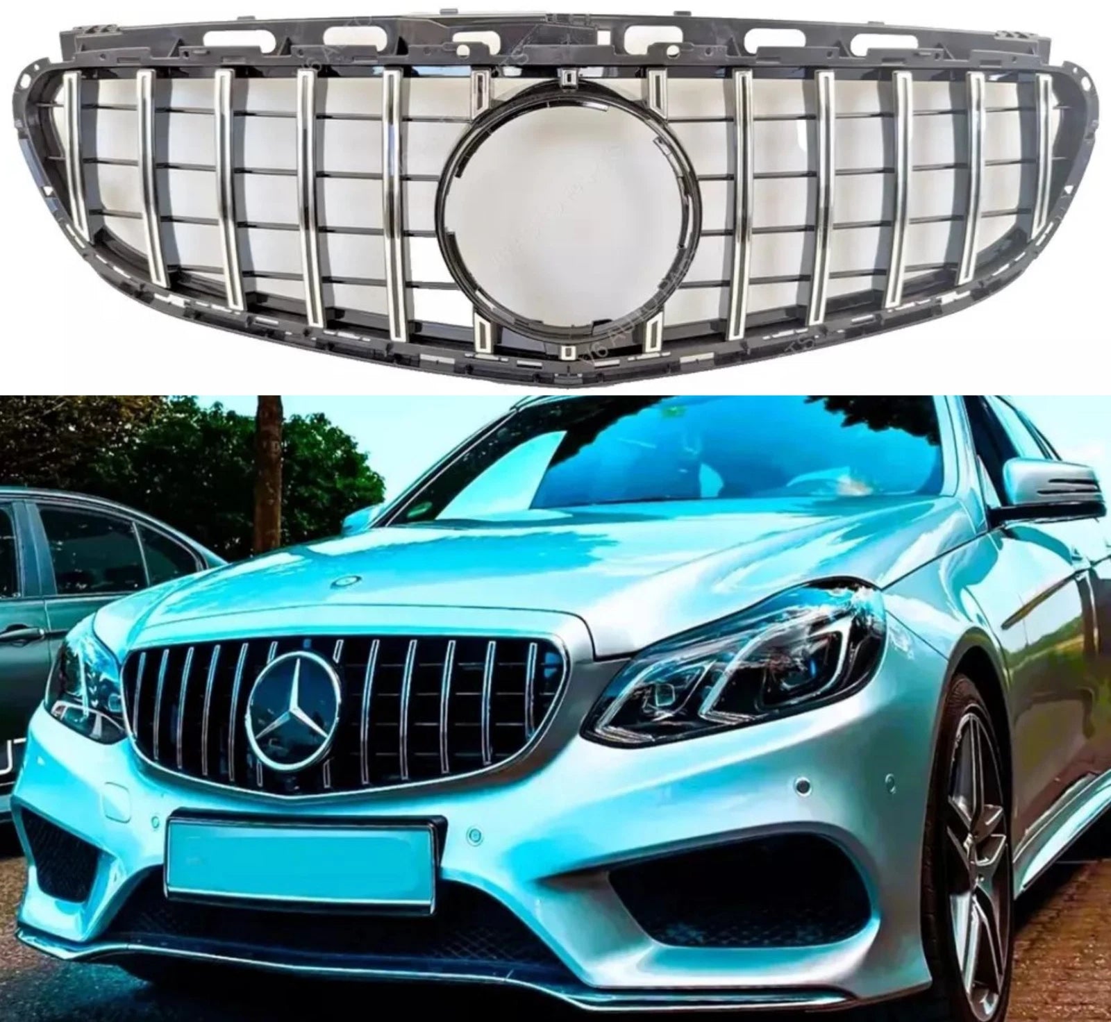 For Mercedes‑Benz E‑Class W212 GT Grille Chrome Slats with Camera | Fits E63, E300, E450 (2013–2016 Sedan & Estate Facelift)
