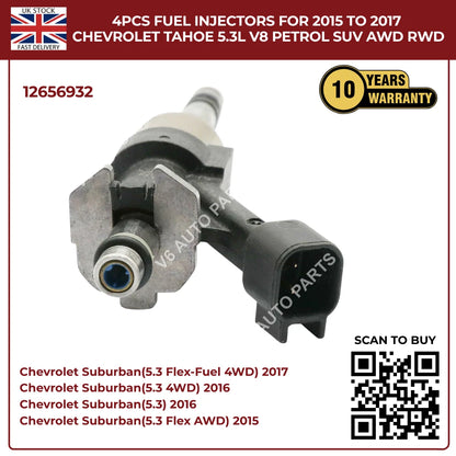 4x High-Flow Fuel Injectors For Chevrolet Tahoe 2015–2017 5.3L V8 Petrol SUV AWD/RWD | OEM Direct-Fit Replacement