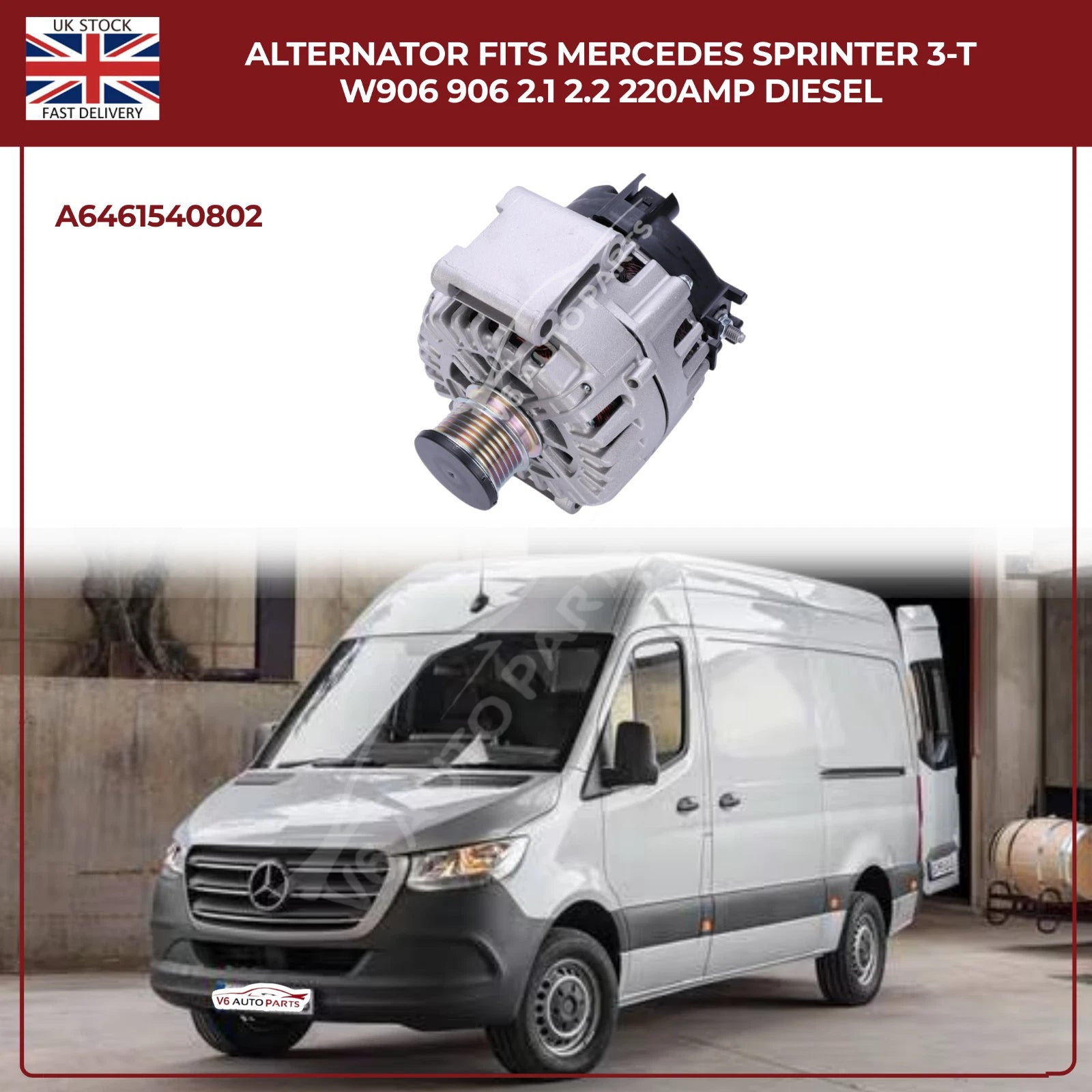 220AMP Alternator Fits Mercedes-Benz Sprinter W906 (2006–2018) 2.1L / 2.2L Diesel – OEM A6461540802 Replacement