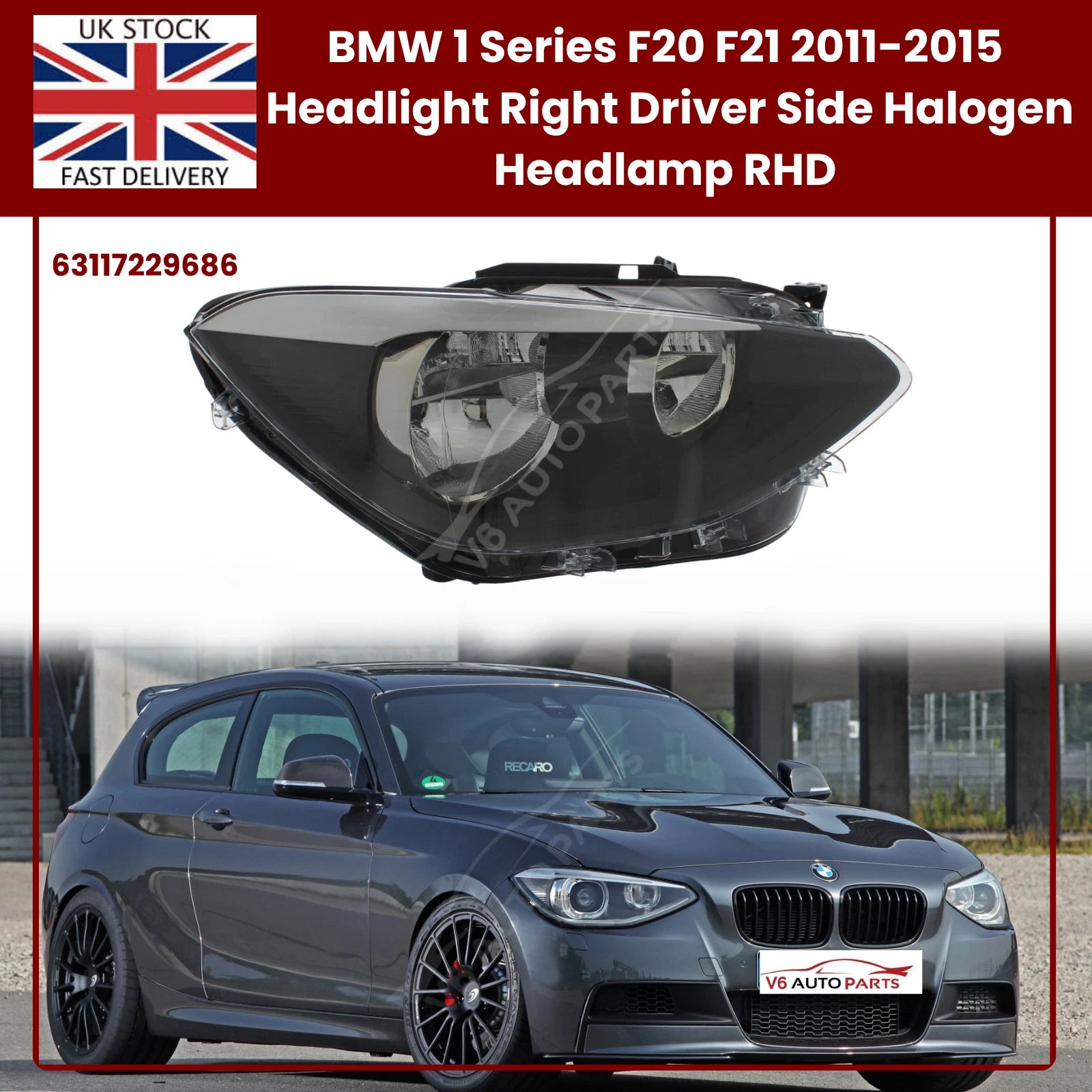 For BMW 1 Series F20/F21 Halogen Headlight – Right Side | 2011‑2015 RHD | Black Inner Housing | 63117229686