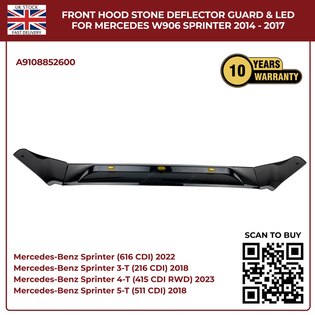 Mercedes Sprinter W906 2014–2018 Bonnet Hood Black Stone Deflector Guard With LED