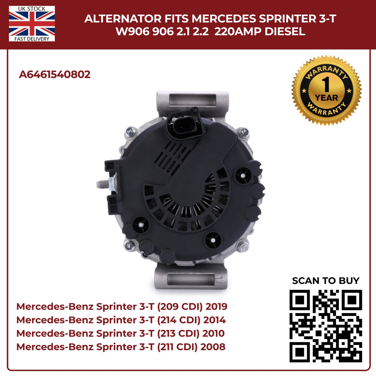 220AMP Alternator Fits Mercedes-Benz Sprinter W906 (2006–2018) 2.1L / 2.2L Diesel – OEM A6461540802 Replacement