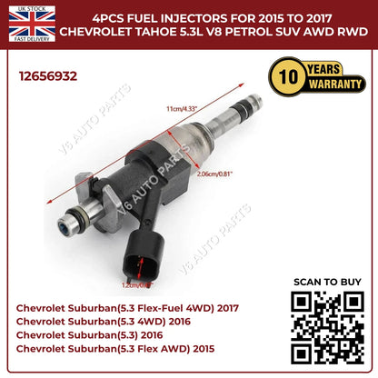 4x High-Flow Fuel Injectors For Chevrolet Tahoe 2015–2017 5.3L V8 Petrol SUV AWD/RWD | OEM Direct-Fit Replacement