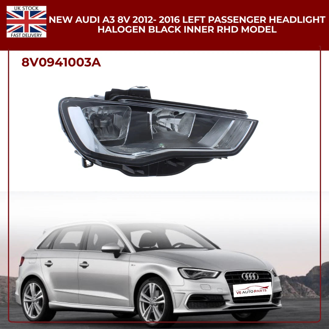 Audi A3 8V Halogen Headlight — Passenger Left (2012‑2016, Black Inner Bezel, OEM 8V0941003A)