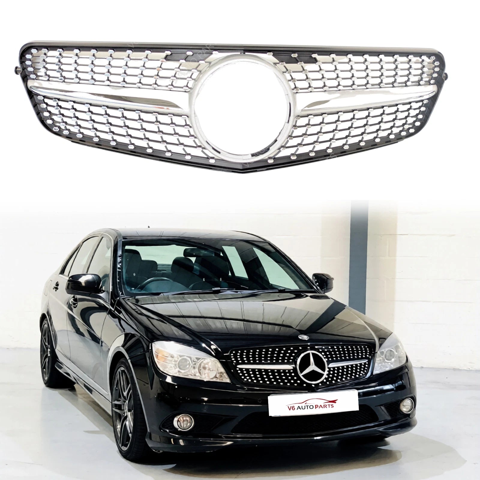 Front Bumper Diamond Chrome Grille for Mercedes‑Benz C‑Class W204 Saloon (2007–2014) | Fits C180, C220