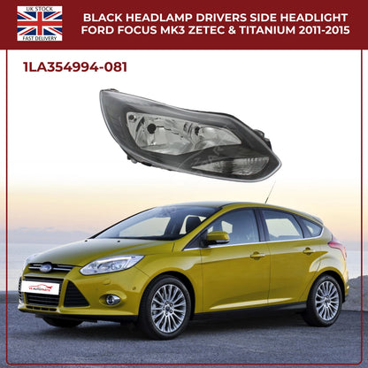 Ford Focus Mk3 Headlight Black Halogen Assembly (Driver Side, Zetec & Titanium 2011–2015)