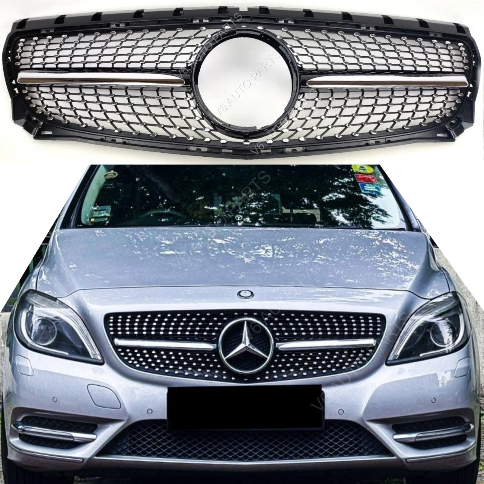 For Mercedes‑Benz B‑Class W246 B250 Front Radiator Diamond AMG‑Style Black Grille (2011–2014)