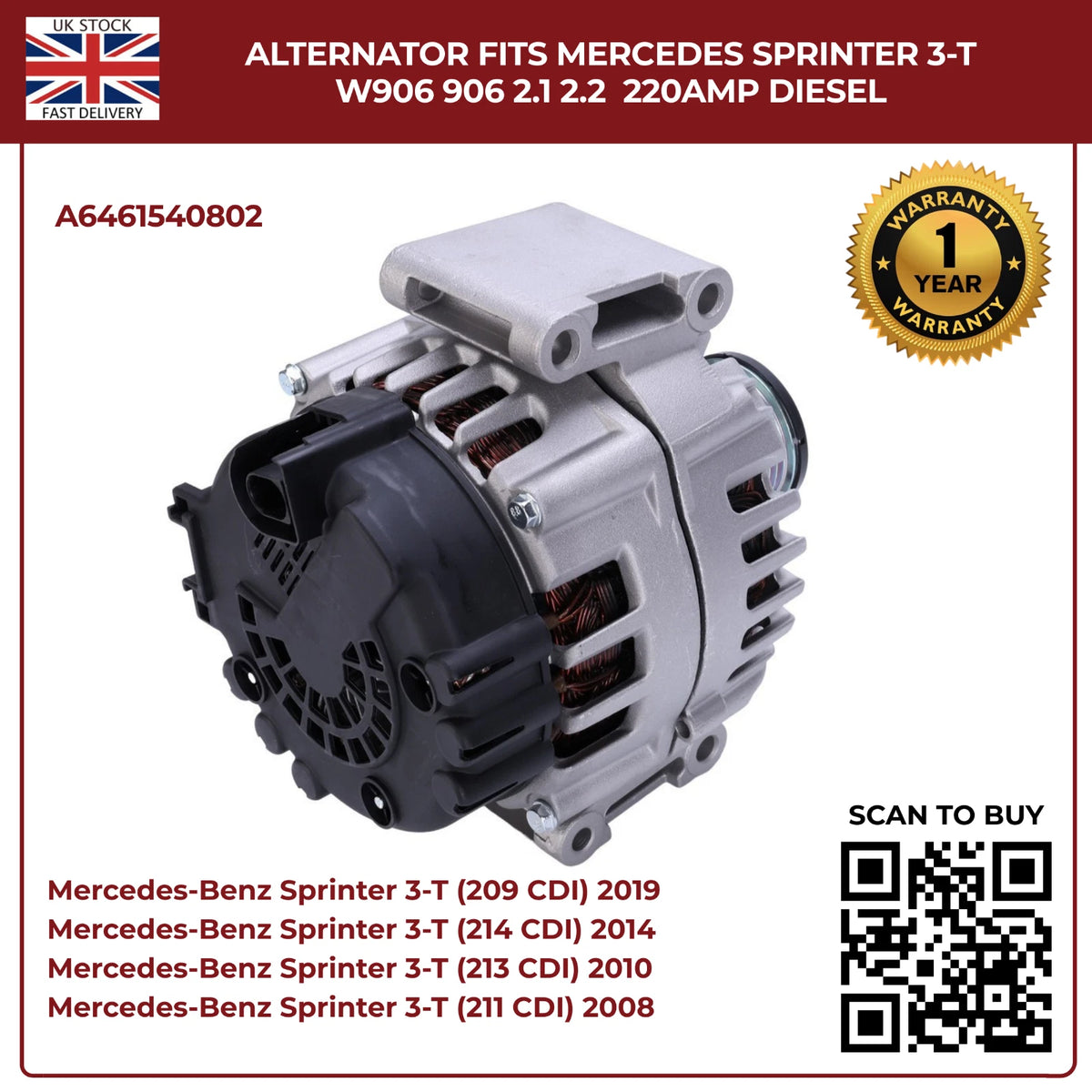 220AMP Alternator Fits Mercedes-Benz Sprinter W906 (2006–2018) 2.1L / 2.2L Diesel – OEM A6461540802 Replacement