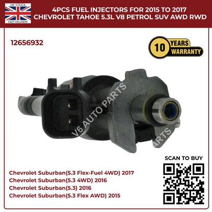 4x High-Flow Fuel Injectors For Chevrolet Tahoe 2015–2017 5.3L V8 Petrol SUV AWD/RWD | OEM Direct-Fit Replacement