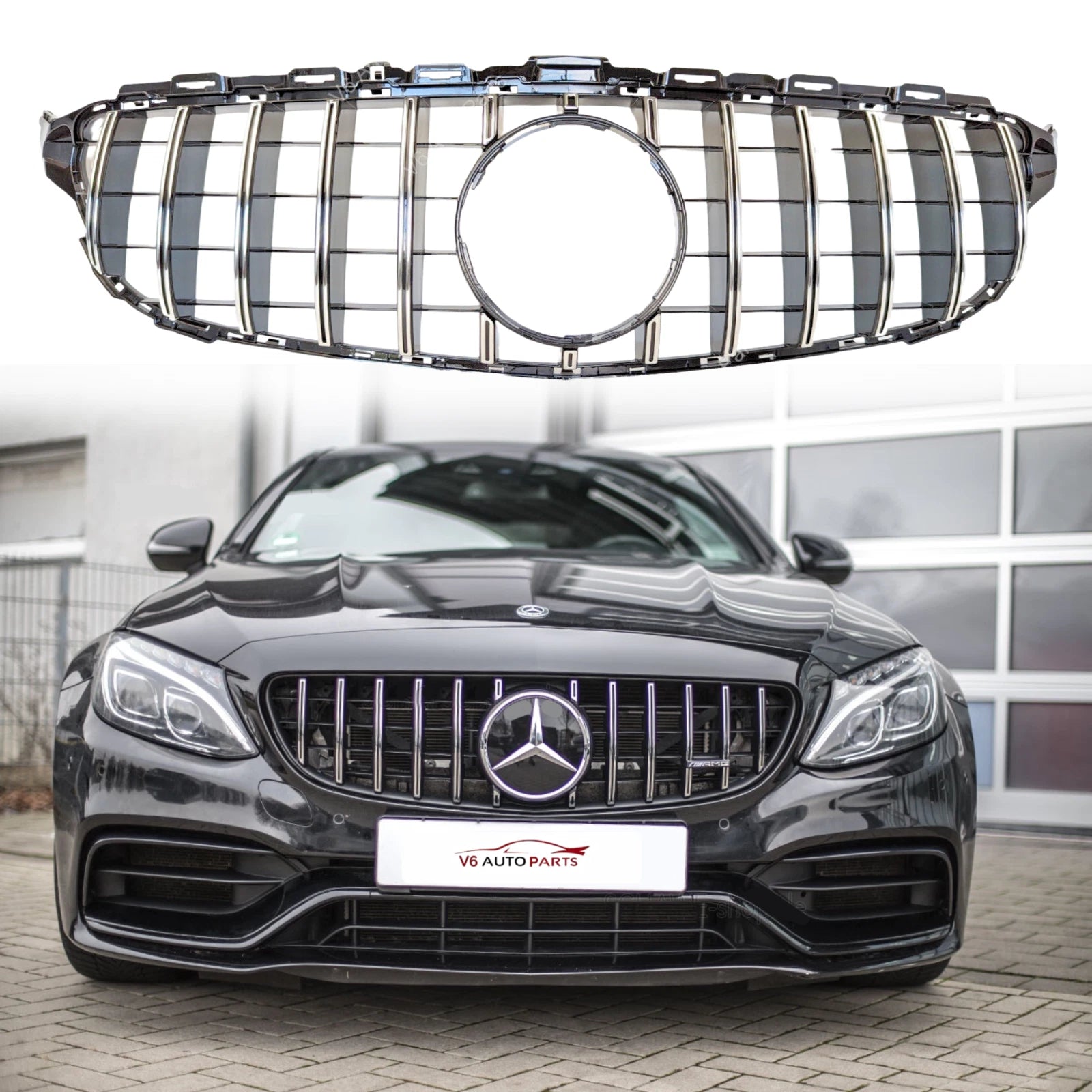 Mercedes-Benz C-Class C205 GT Panamericana Front Radiator Grille (2015–2018, Chrome, No Camera Hole)