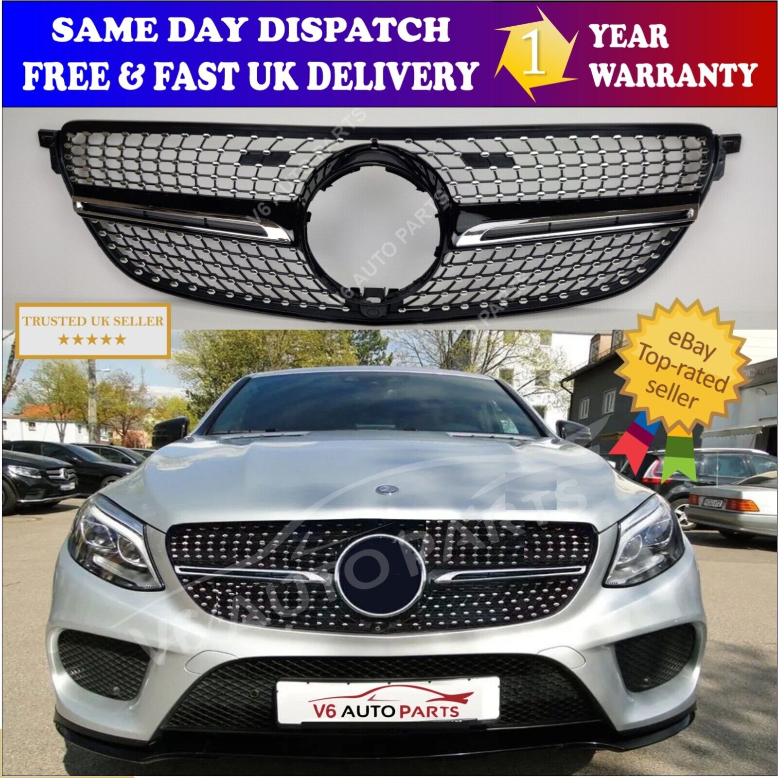 For Mercedes GLE-Class X292 350d Grill Diamond Front Bumper Black Grille 2015-18