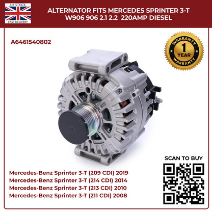 220AMP Alternator Fits Mercedes-Benz Sprinter W906 (2006–2018) 2.1L / 2.2L Diesel – OEM A6461540802 Replacement