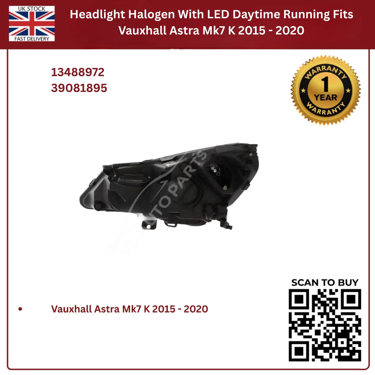 Image of Vauxhall Astra Mk7 Driver Side Halogen Headlight – 13488972
