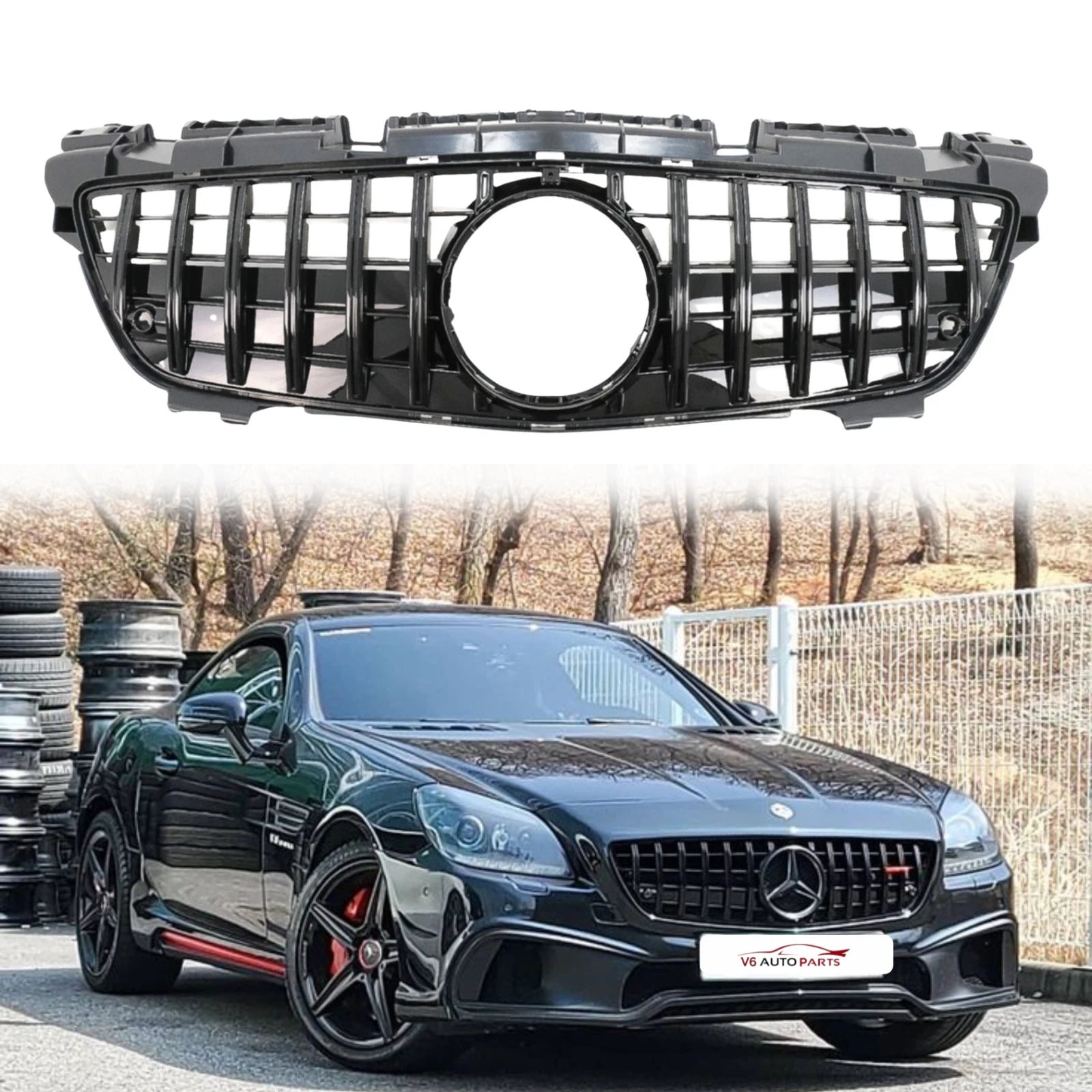 Front Black Panamericana GT-R Replacement Grille for Mercedes SLK-Class R172 (2011-2016) AMG Style, Distronic Compatible