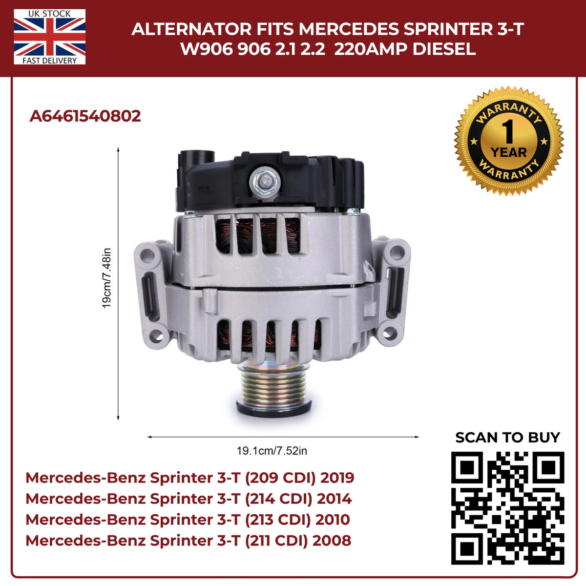 220AMP Alternator Fits Mercedes-Benz Sprinter W906 (2006–2018) 2.1L / 2.2L Diesel – OEM A6461540802 Replacement