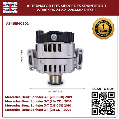 220AMP Alternator Fits Mercedes-Benz Sprinter W906 (2006–2018) 2.1L / 2.2L Diesel – OEM A6461540802 Replacement