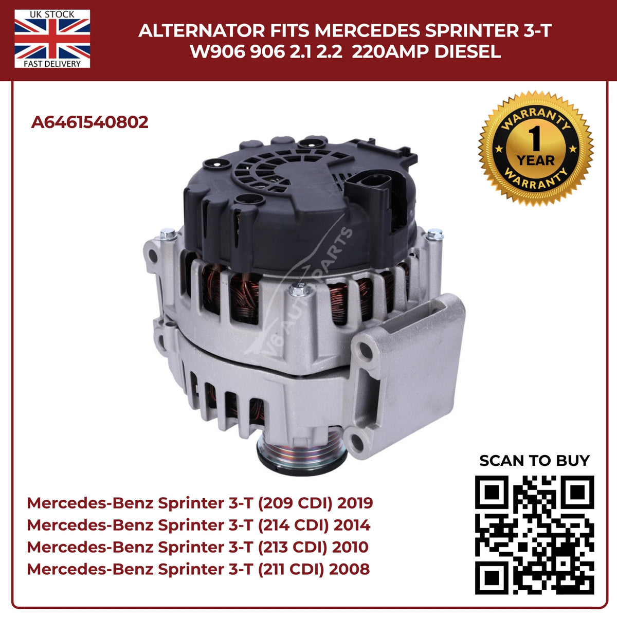 220AMP Alternator Fits Mercedes-Benz Sprinter W906 (2006–2018) 2.1L / 2.2L Diesel – OEM A6461540802 Replacement