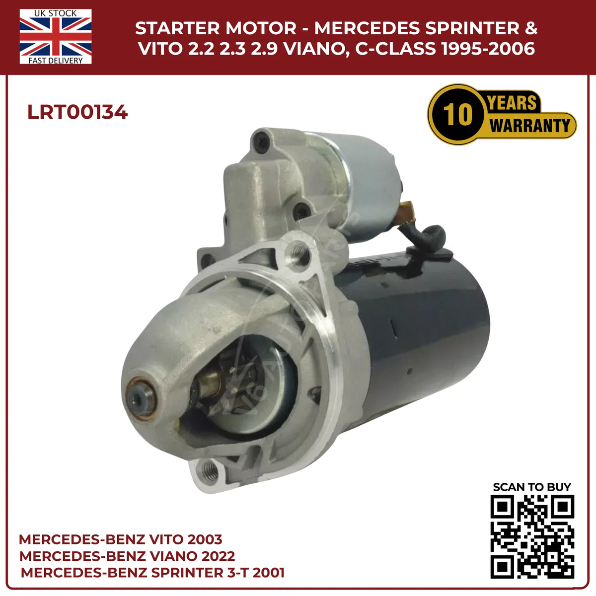 Starter Motor for Mercedes-Benz Sprinter, Vito & Viano (2.0KW | 2.2, 2.3, 2.9 Engines | C220, 250)