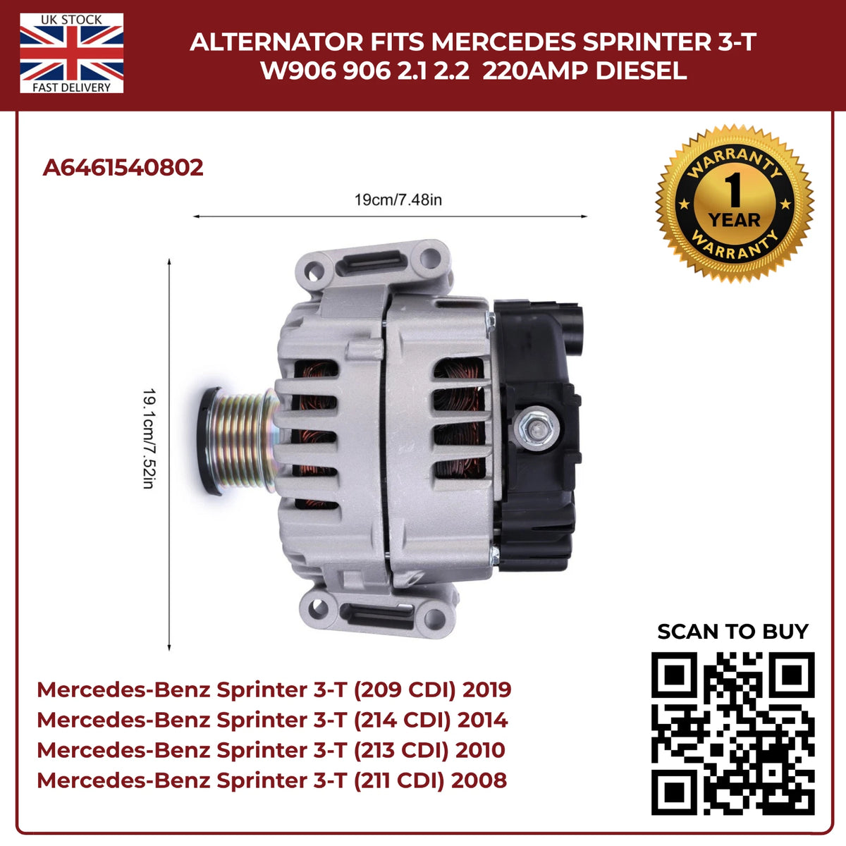 220AMP Alternator Fits Mercedes-Benz Sprinter W906 (2006–2018) 2.1L / 2.2L Diesel – OEM A6461540802 Replacement