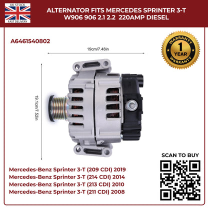 220AMP Alternator Fits Mercedes-Benz Sprinter W906 (2006–2018) 2.1L / 2.2L Diesel – OEM A6461540802 Replacement