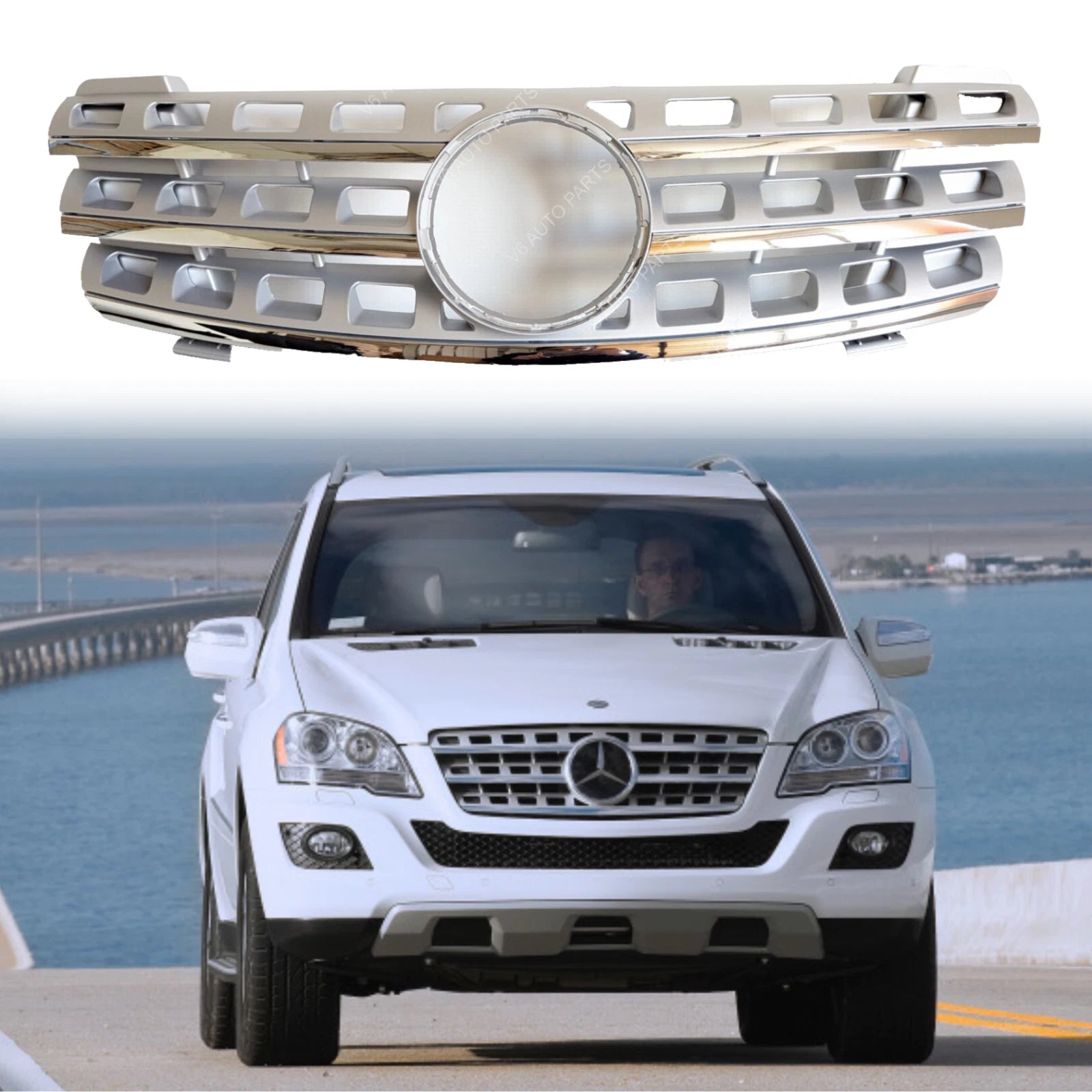 For Mercedes W164 M‑Class Chrome Front Bumper Grille 5‑Hole ML320 ML350 ML500 2005‑2008