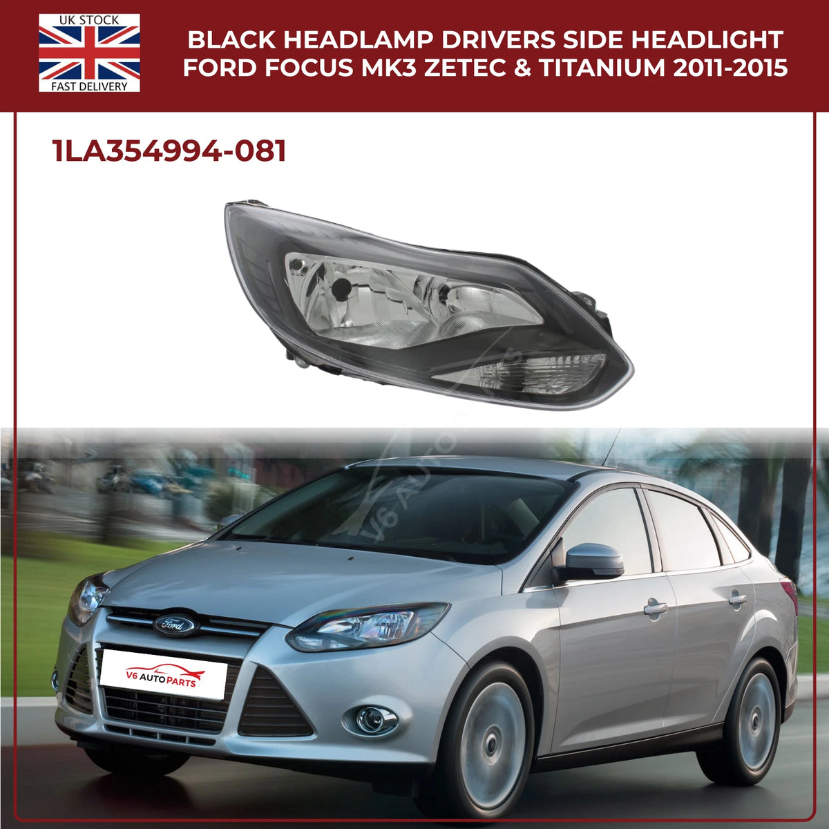 Ford Focus Mk3 Headlight Black Halogen Assembly (Driver Side, Zetec & Titanium 2011–2015)